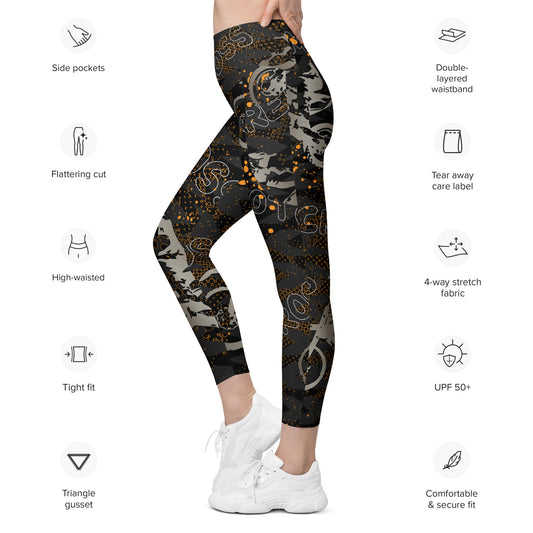 Orange and Black Moto Leggings with pockets